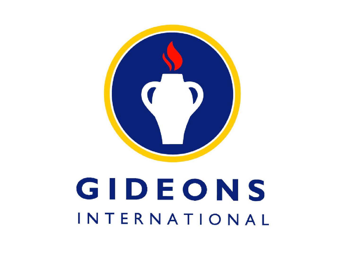 Gideons International logo featuring a white urn with a red flame inside a blue circle bordered in gold, with the text 'Gideons International' below.