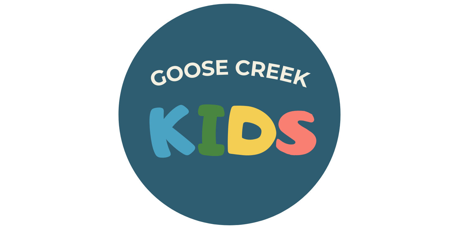 Goose Creek Kids logo with a dark blue circle background and colorful playful text spelling KIDS, with Goose Creek written above.
