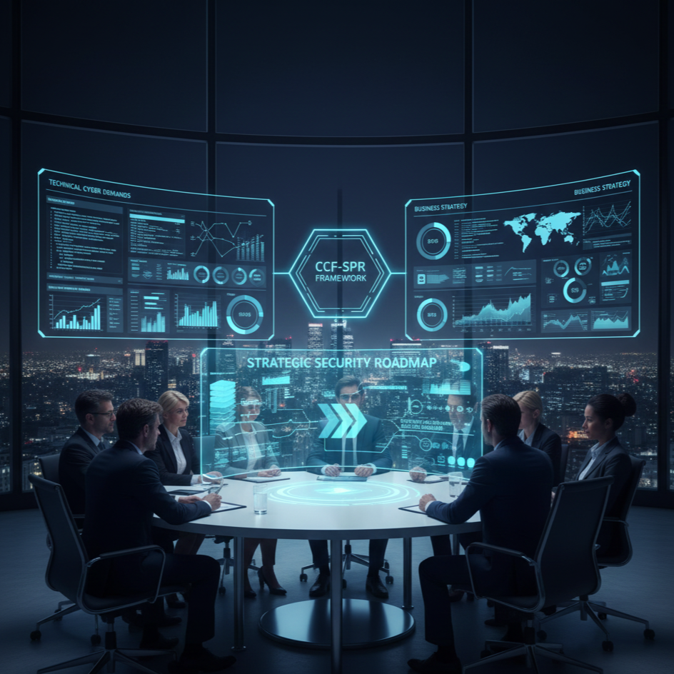 Business meeting in a high-rise conference room with holographic digital data displays including graphs, charts, and strategic plans over a city skyline at night.