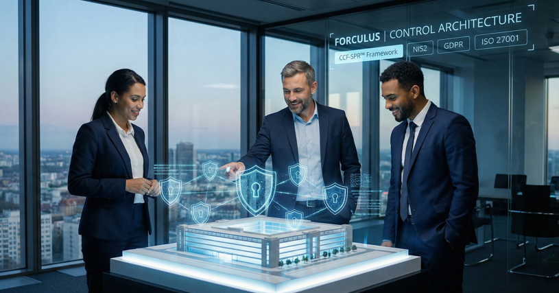 Three business professionals in suits in a modern office with large windows, examining a digital security model of a building with shield icons representing cybersecurity.