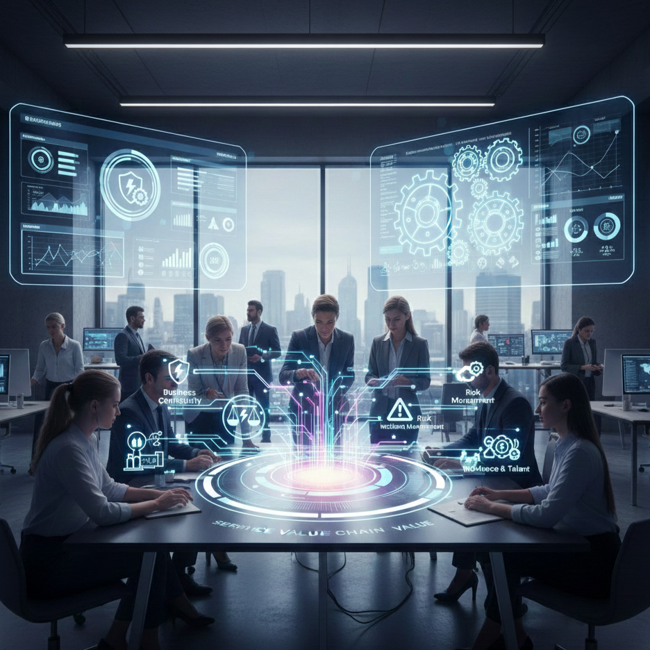 Business professionals gathered around a high-tech conference table in a futuristic office, with holographic screens displaying data, charts, gear icons, and gears, suggesting a high-tech meeting or presentation.