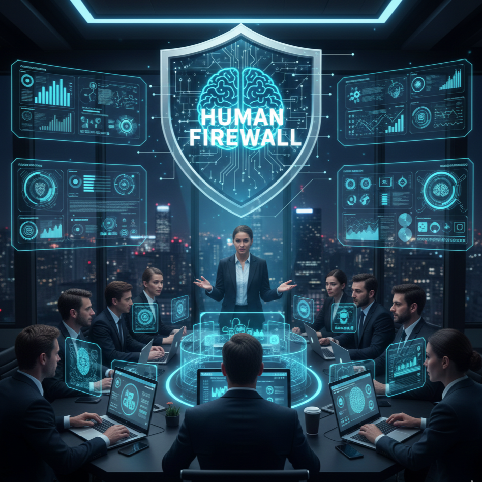 A futuristic business meeting with a woman presenting to a group of eight well-dressed professionals seated around a large table. The room features digital holograms and graphs, including a shield emblem with a brain illustration and the words 'Human Firewall' displayed at the center.