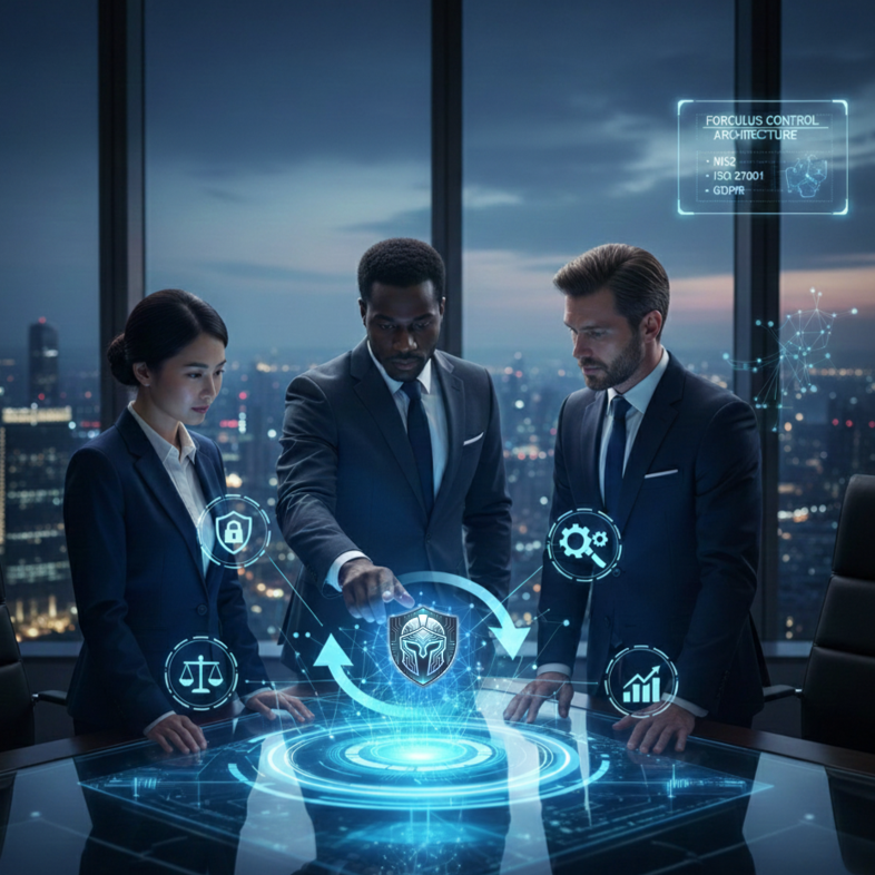 Three business professionals in suits gathered around a high-tech digital table with holographic icons and a shield emblem, in a modern office with large windows overlooking a city skyline at dusk.