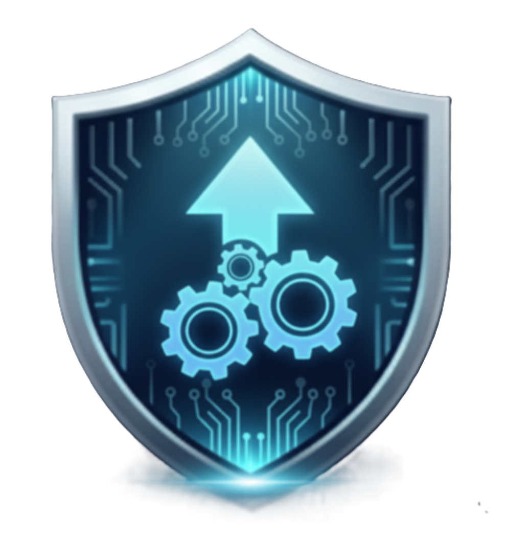A digital shield with gears and an upward arrow, symbolizing cybersecurity or protection of technology.