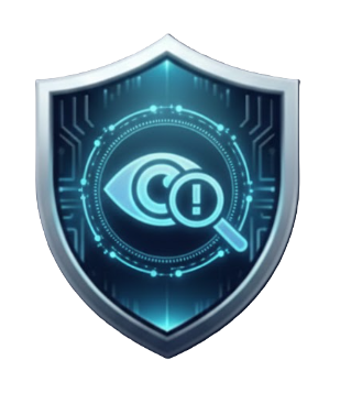 A digital shield with a magnifying glass featuring an eye symbol inside, suggesting cybersecurity or security alert.
