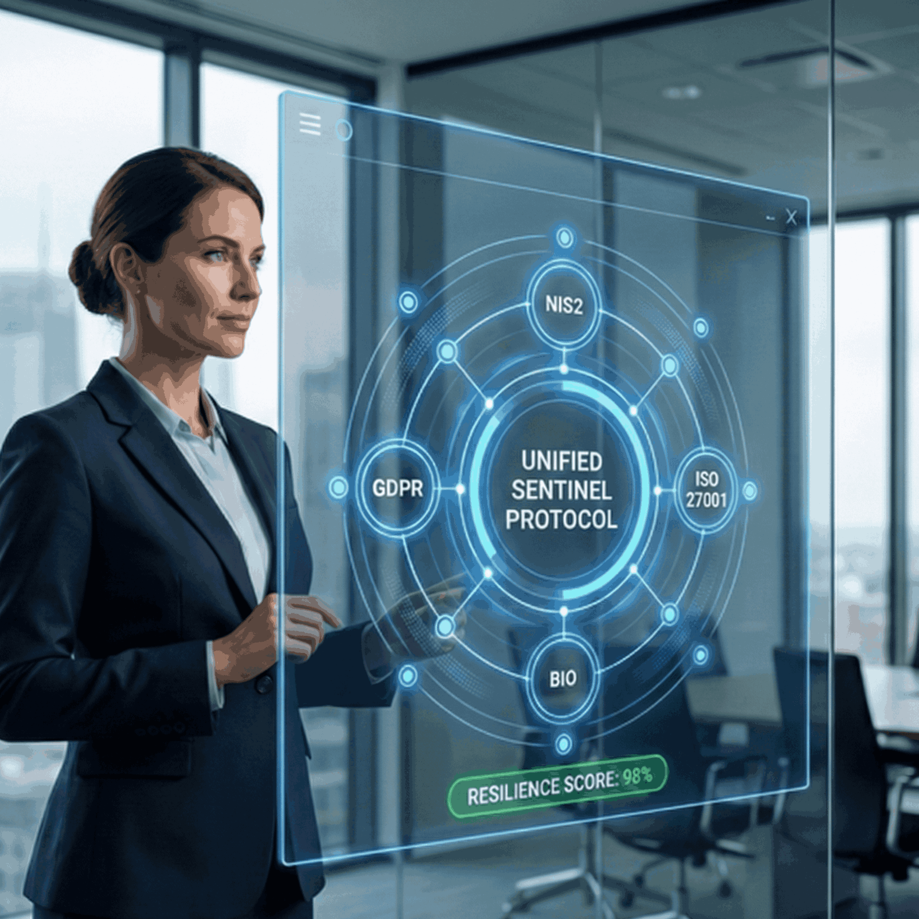 Businesswoman reviews the Forculus Unified Sentinel Protocol display showing NIS2, GDPR, and a 98% resilience score.