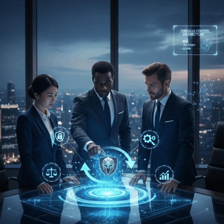Three diverse business professionals in suits engaged in a futuristic holographic security interface in a high-rise office with city skyline at night.