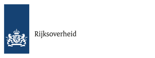 Logo of the Dutch government with a blue vertical stripe containing a white coat of arms featuring two lions and a crown, next to the word 'Rijksoverheid' in black.