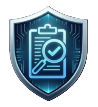 A shield-shaped icon with a clipboard, magnifying glass, and checkmark, symbolizing security and verification.
