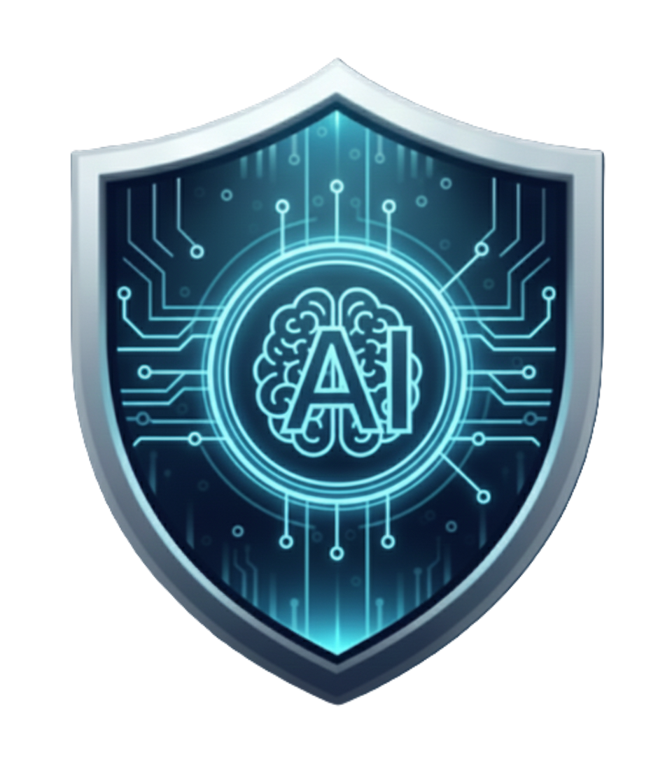 A digital shield with a glowing blue outline, displaying a brain and the letter A, surrounded by circuit lines, representing artificial intelligence security.