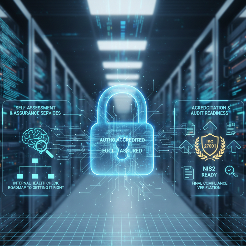 A digital graphic of a secure padlock in a data center, surrounded by icons and text related to cybersecurity, quality standards, and compliance like ISO 27001, internal health checks, and audit readiness.