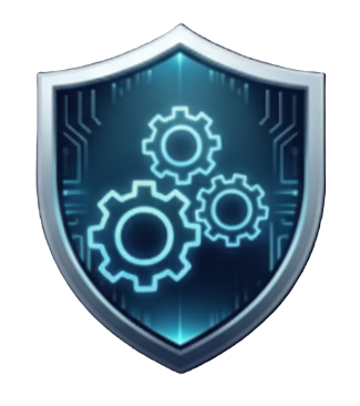 A shield with gears representing cybersecurity or protection.