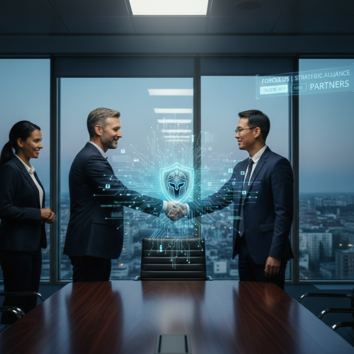 Three business professionals in a conference room shaking hands, with a digital hologram of a shielded helmet icon and circuit lines between them, overlooking a cityscape through large windows.
