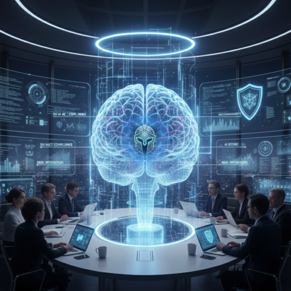 Business meeting with digital hologram of a brain and AI elements in a futuristic technology conference room.