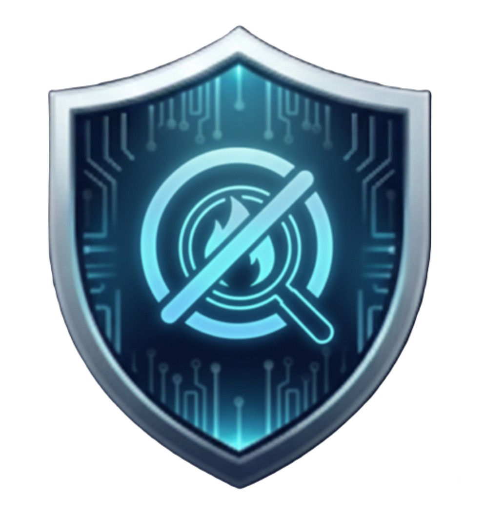 A digital shield with a magnifying glass and flame icon in the center, symbolizing fire security or fire monitoring, with circuit-like patterns on the shield indicating technology or cybersecurity.