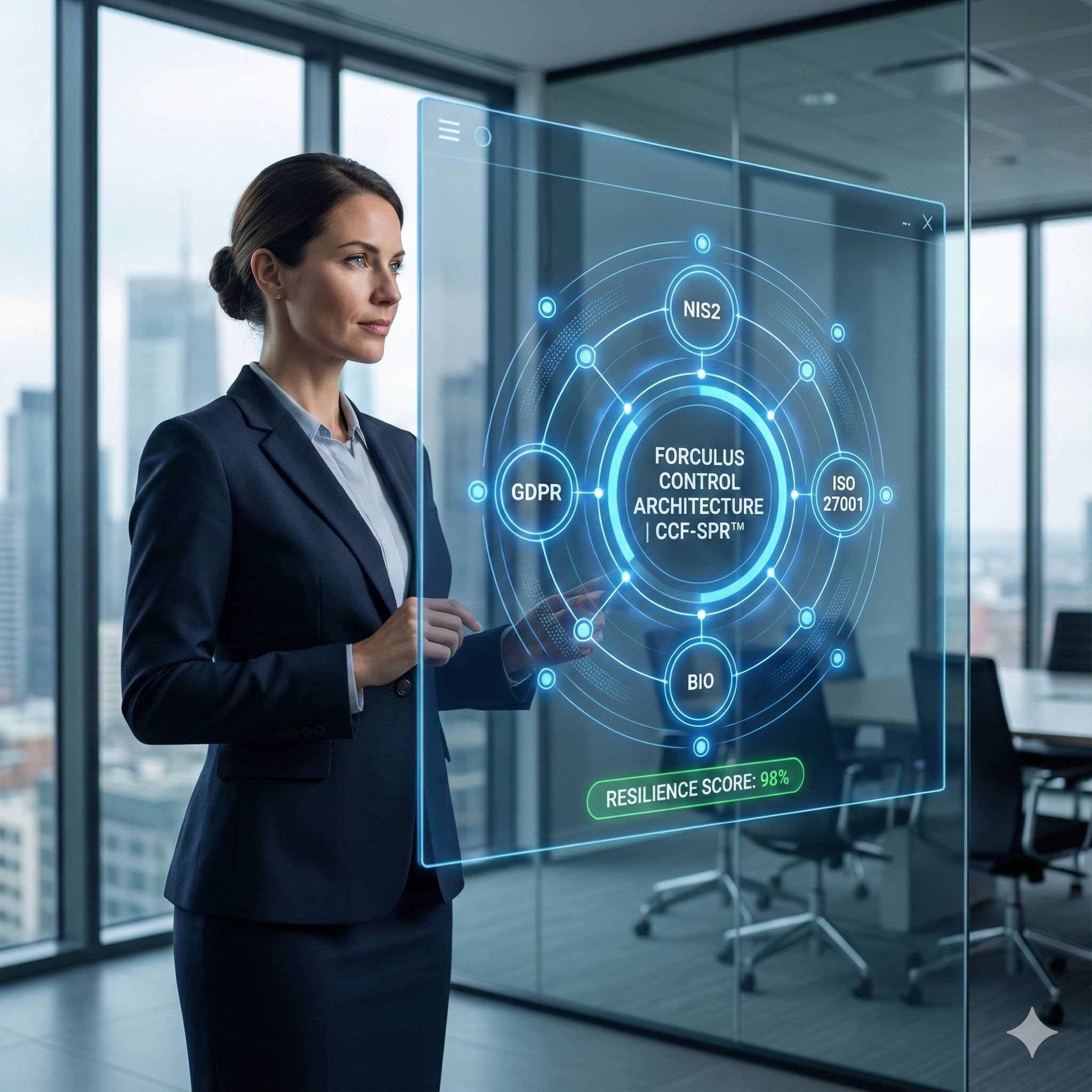 A professional woman in a business suit interacting with a transparent digital display showing control architecture and related data in a modern office.