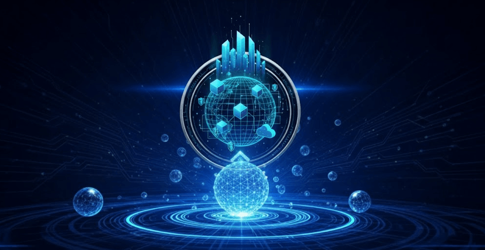 Forculus vision graphic showing a global digital network and secure data blocks for worldwide cybersecurity resilience.