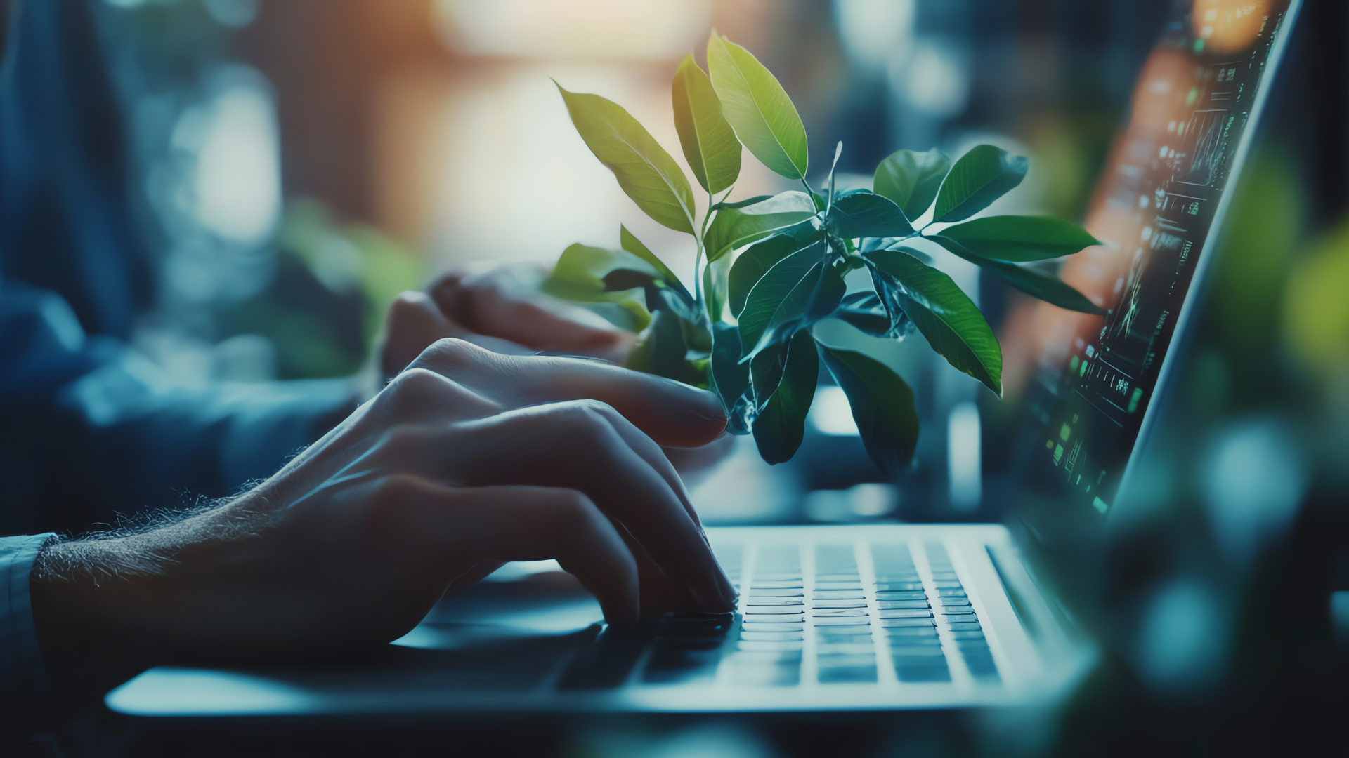 Person typing on a laptop with a small plant on the keyboard and code or data on the screen, in a well-lit indoor setting.