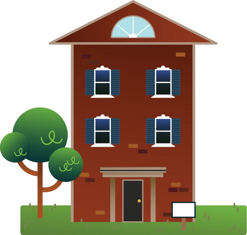 A three-story brick house with blue shutters and a black door, surrounded by green bushes and grass, under a brown roof with a semi-circular window.