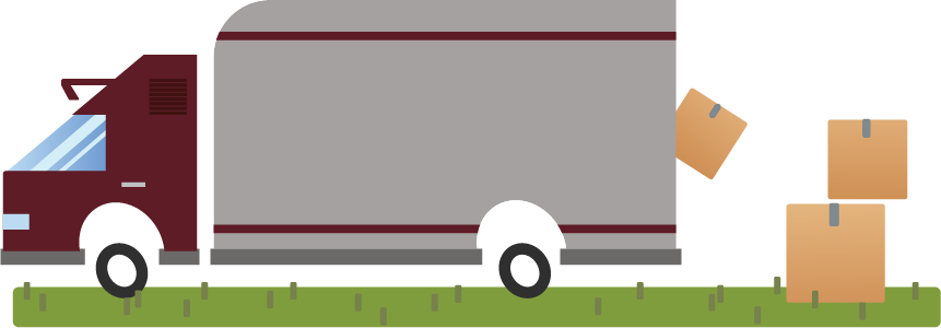 A flat illustration of a maroon delivery truck on a grassy surface with boxes in the truck bed.