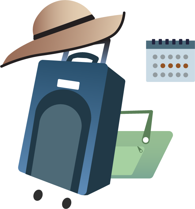 Illustration of a washing machine with a beige hat and a multi-colored calendar in the background.