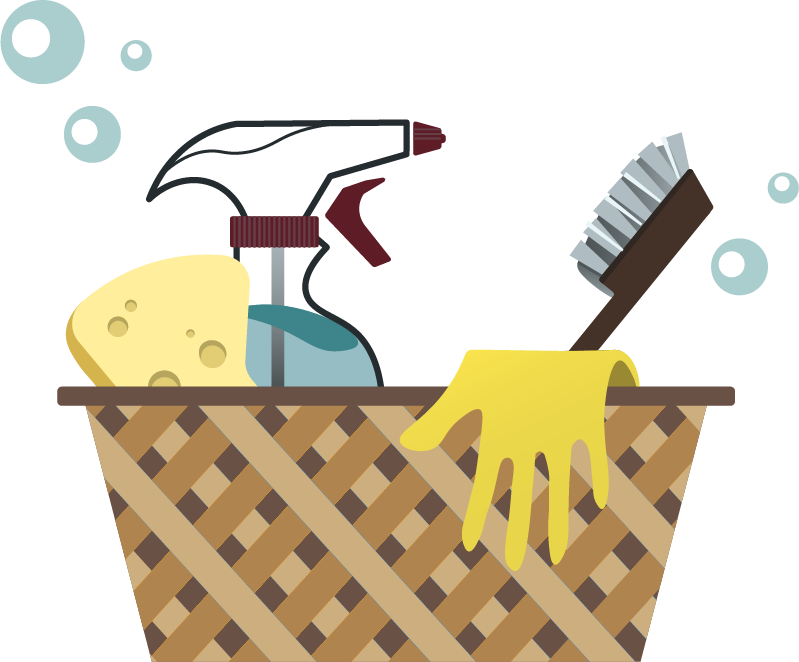 Cleaning supplies in a woven basket, including a spray bottle, a sponge, a scrub brush, and a yellow glove.