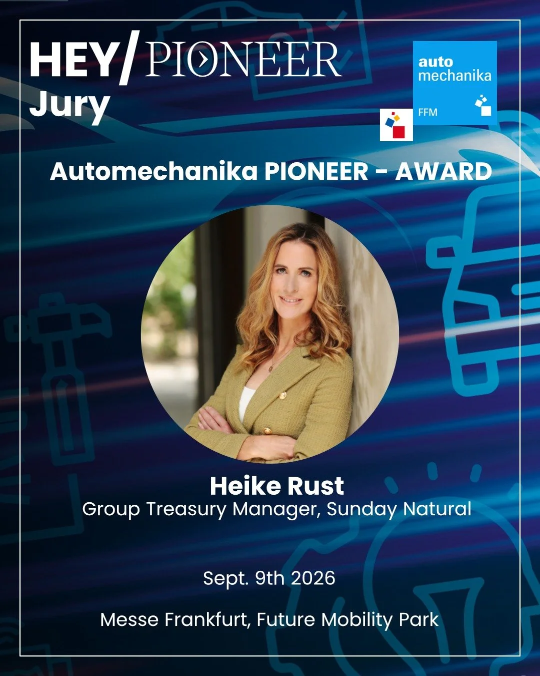 The Future of Mobility needs strong ideas &mdash; and the right people to evaluate them.

We are excited to announce Heike Rust, Group Treasury Manager of Sunday Natural as part of the distinguished jury for our upcoming PIONEER - AWARD Start-Up Comp