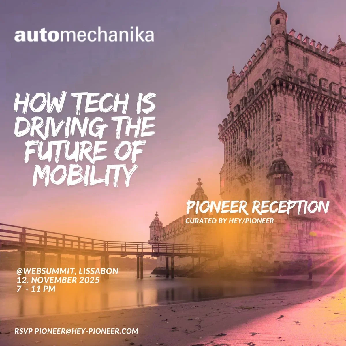A promotional event poster with the image of a historic castle at sunset, advertising a discussion on how technology is shaping future mobility, curated by HEY/PIONEER, scheduled at Web Summit in Lisbon on November 12, 2025, from 7 to 11 PM.