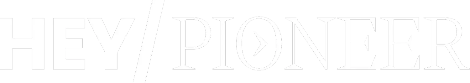 Logo with stylized text saying 'HEY PIONEER' in gray letters with a split design.