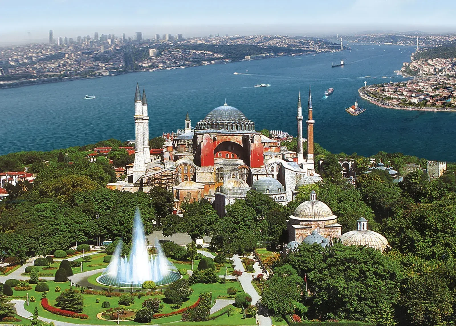 the view of hagia sophia from above showing the bosphorus in the background