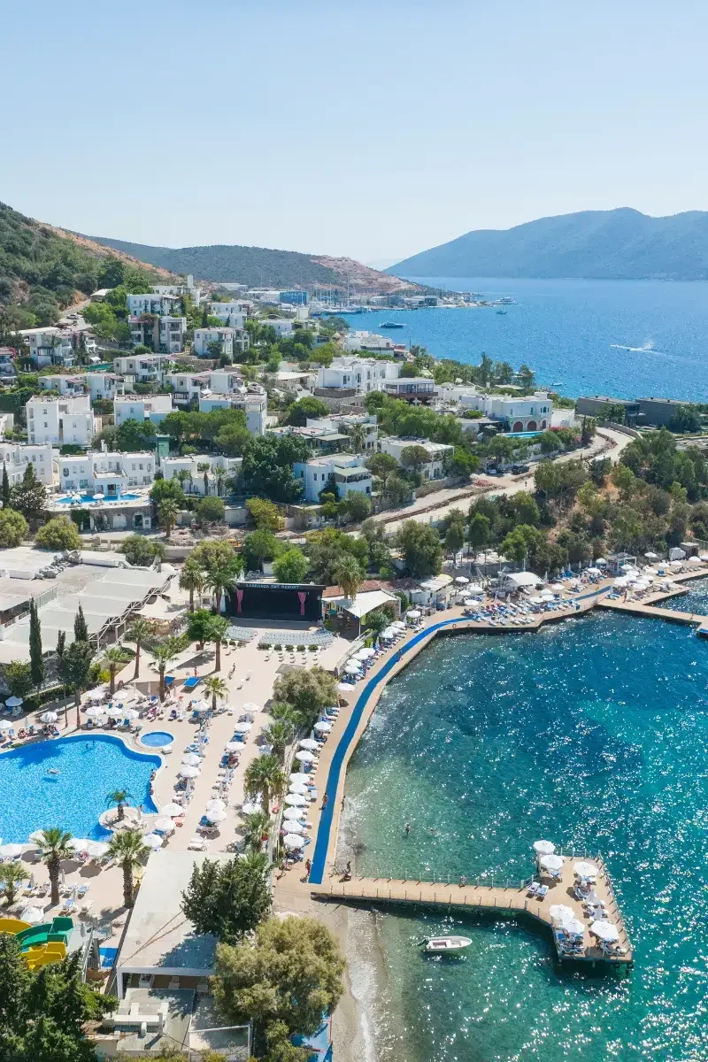 Aerial view of a coastal resort with a large swimming pool, beach, white buildings, trees, boats docked at a harbor, and a hillside in the background.