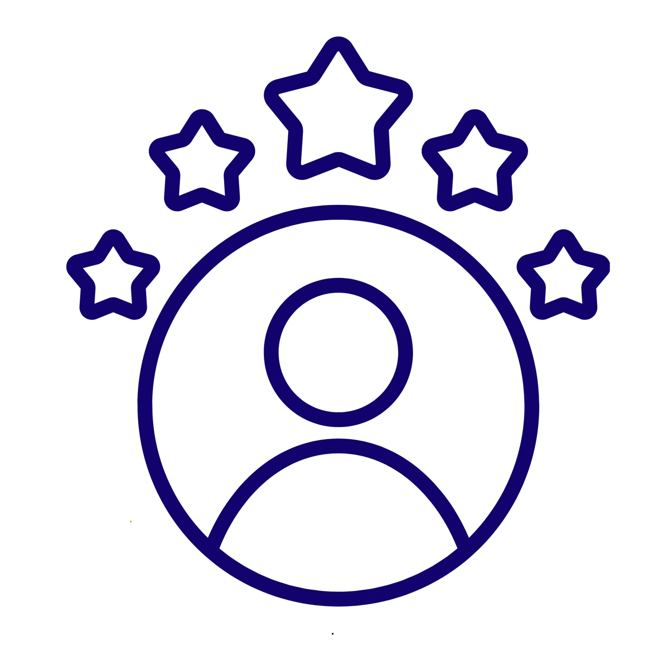 Outline of a circular arrangement of five stars connected by a curved line, all in dark blue.