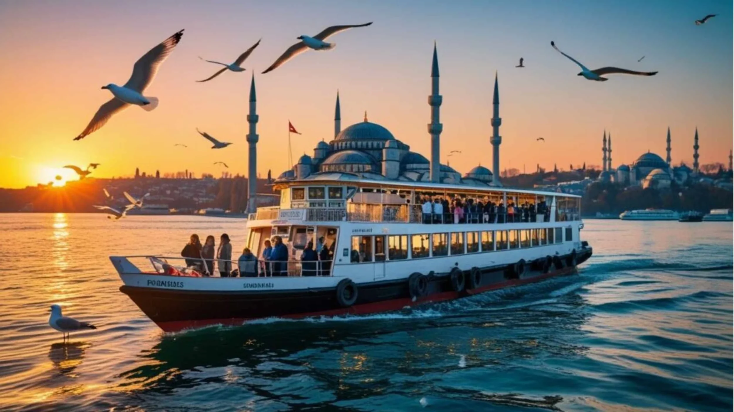 Bosphorus ferry boat with Istanbul city view at sunrise — best things to do in Istanbul Travel Guide 2026