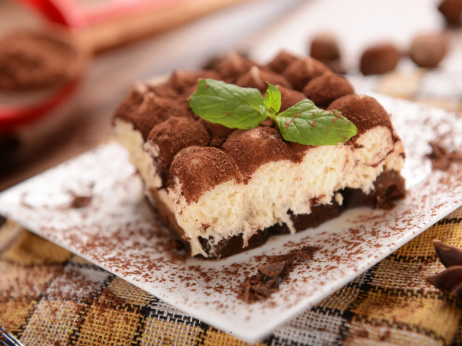 Close-up of a piece of tiramisu dessert on a white rectangular plate, garnished with a fresh mint leaf, with cocoa powder dusted over the plate, on a woven fabric surface.
