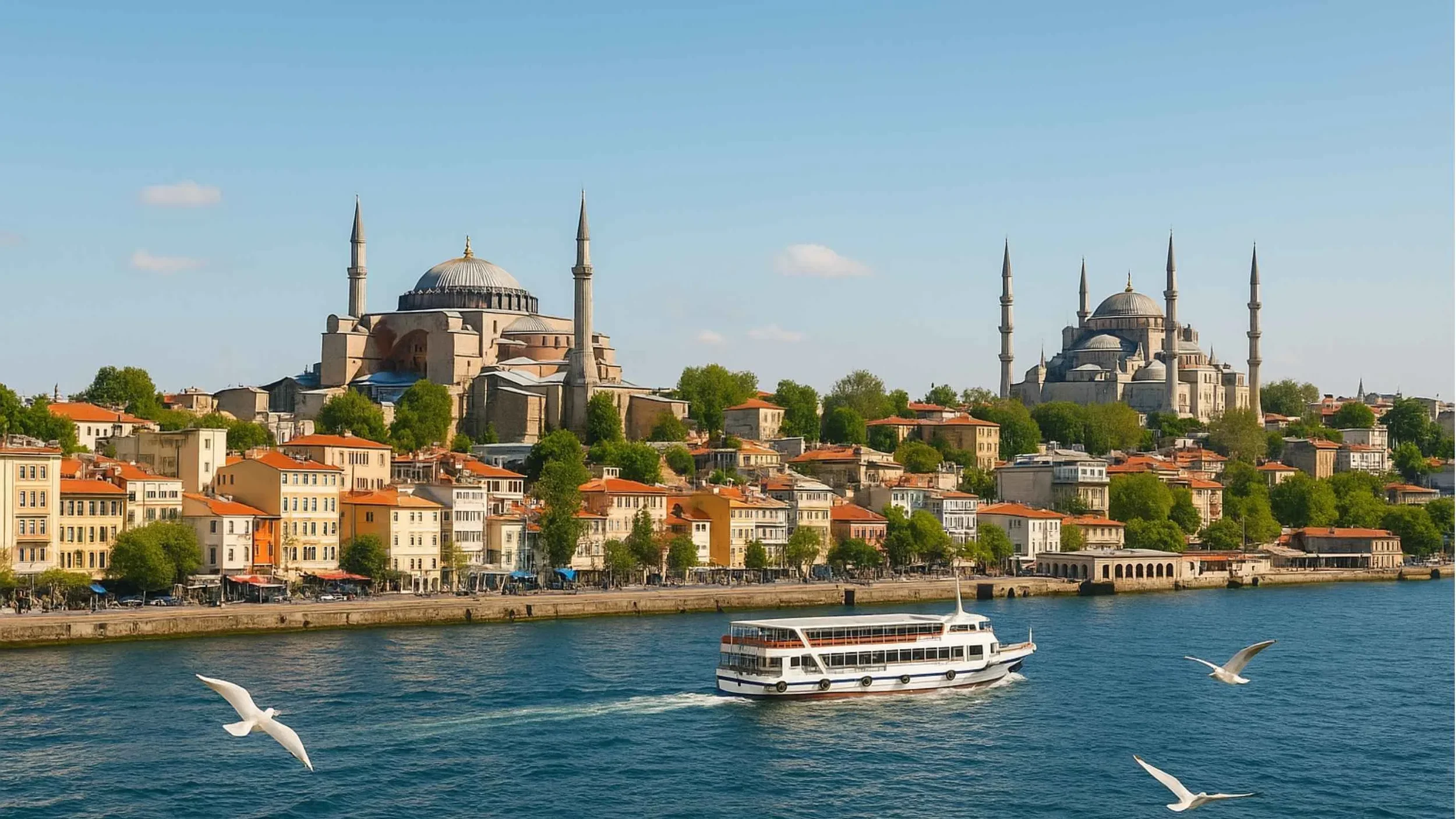 Snow-covered Hagia Sophia and Blue Mosque in Istanbul during winter, showcasing historic landmarks and cultural winter tourism in Turkey.