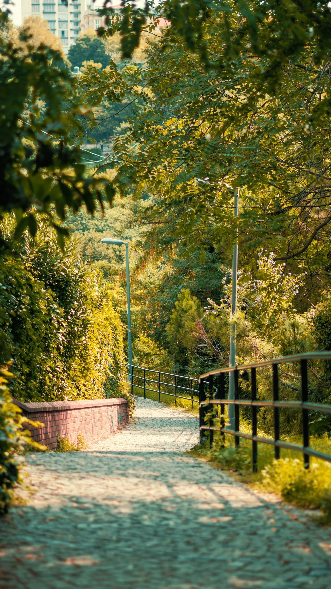 A winding cobblestone path in a lush, green park with trees, bushes, and street lamps, surrounded by a metal railing and a reddish brick wall.