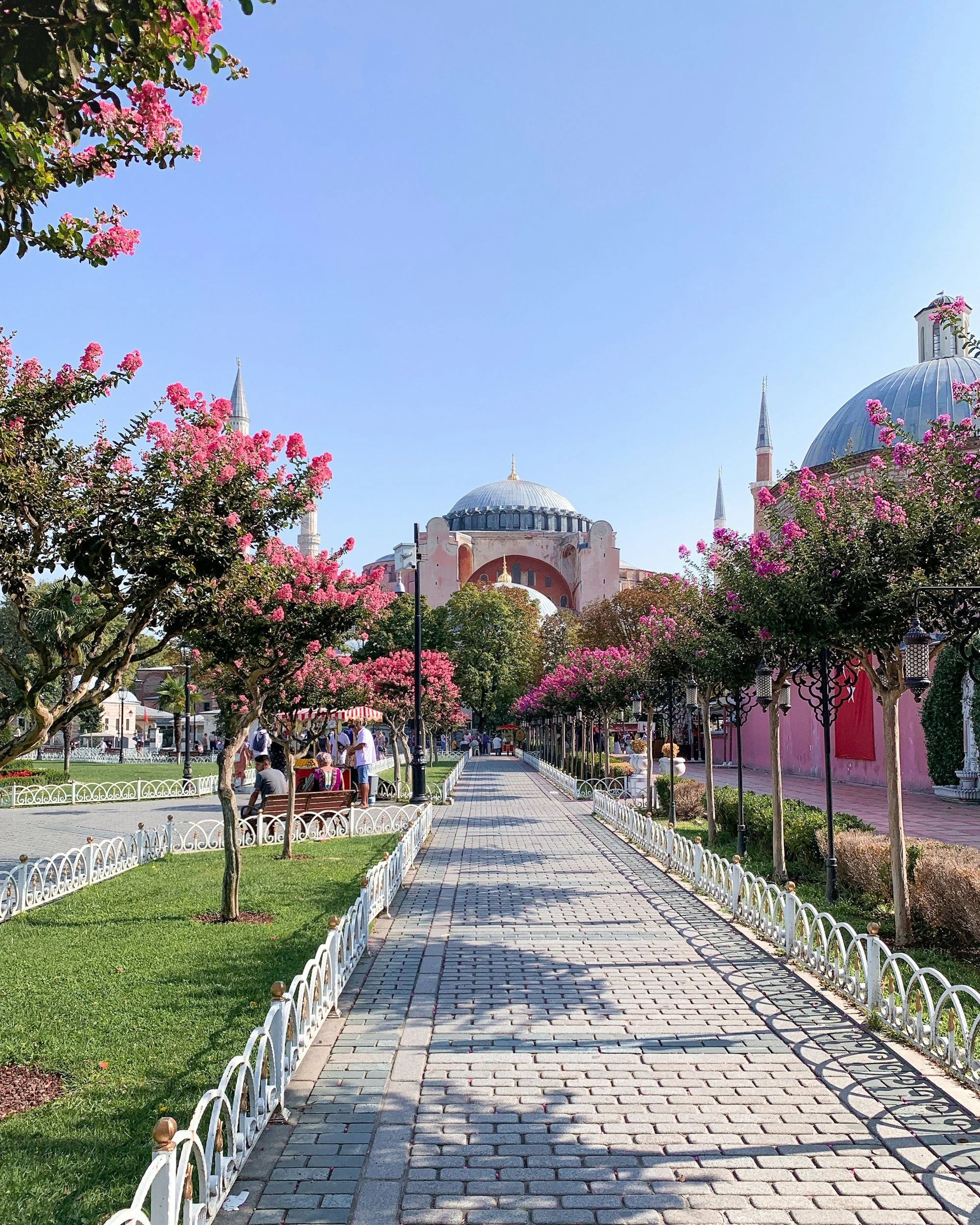 A scenic view of a paved pathway with white decorative fencing on both sides, lush green grass, trees with pink blossoms lining the pathway, and a historic building with a large dome and multiple minarets in the background under a clear blue sky.