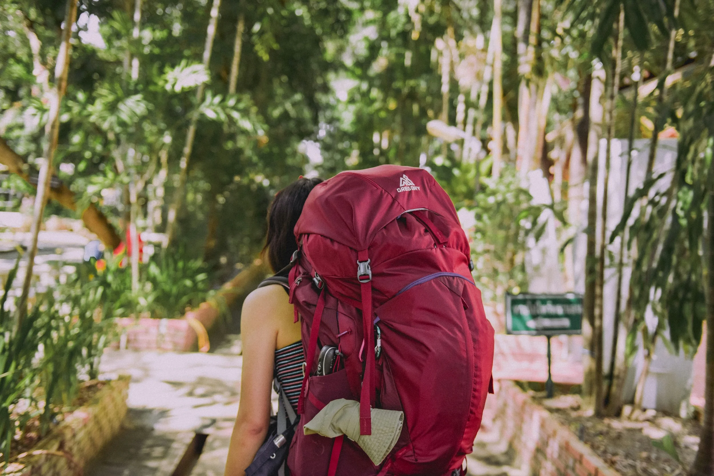 A person with a large red Gregory backpack in a lush, green forest setting.