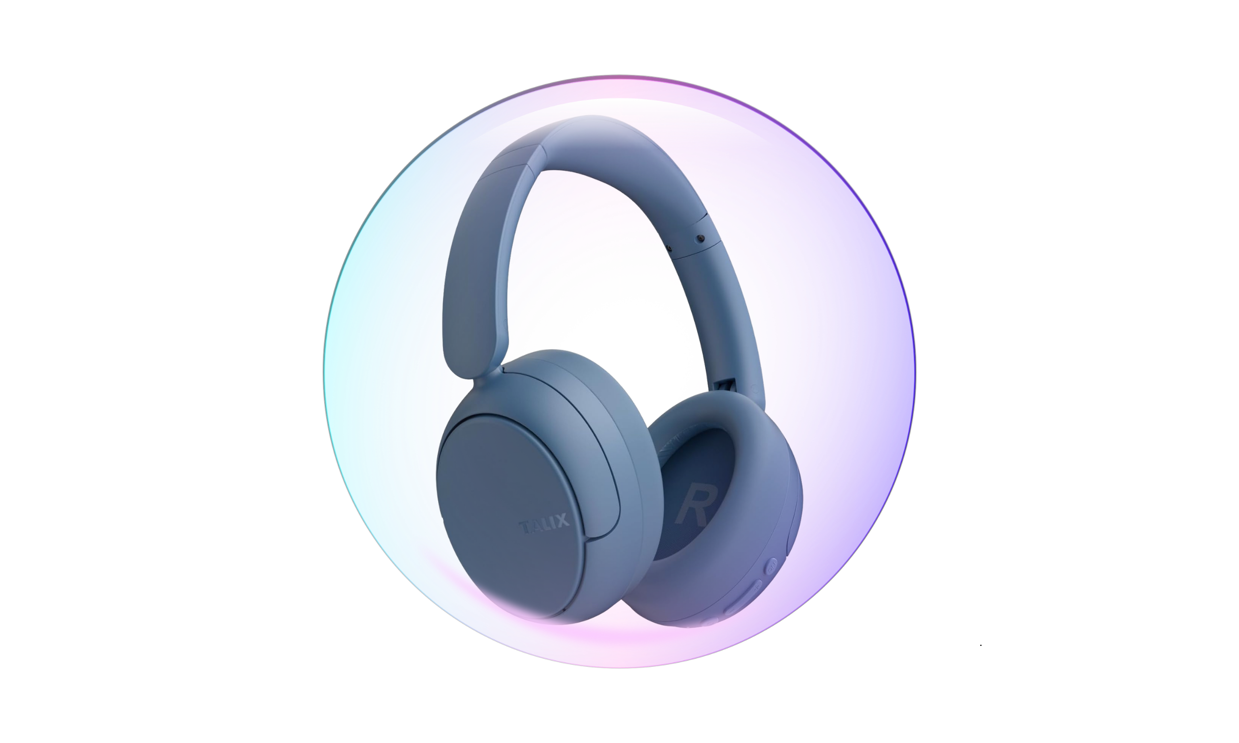 Gray wireless over-ear headphones with blue accents and a purple circular background.