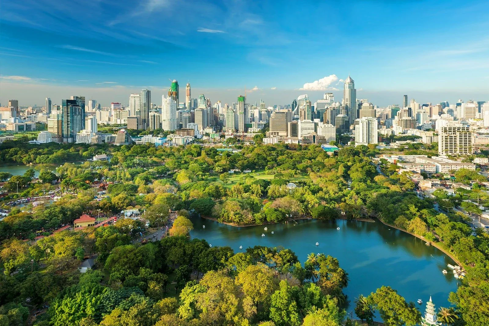 Aerial view of a city skyline with tall buildings, a lush green park, and a pond with boats under a clear blue sky.