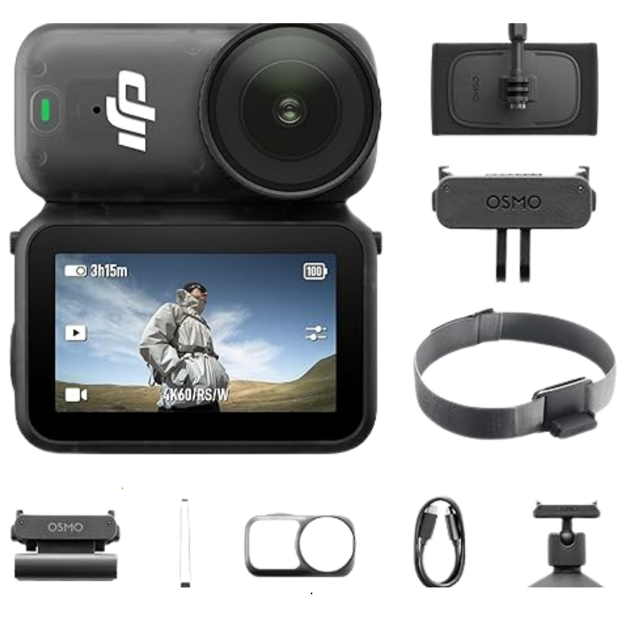 A black DJI Osmo action camera with a screen displaying a person standing outdoors in a mountain landscape, with various camera accessories around it.