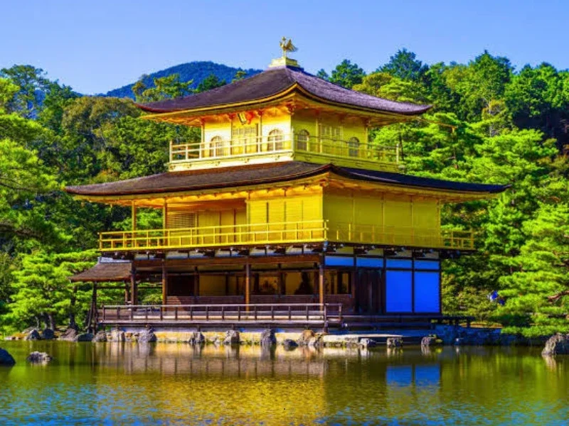 A traditional Japanese building with a yellow upper floor and dark roof, situated on the edge of a pond, surrounded by lush green trees and hills in the background.