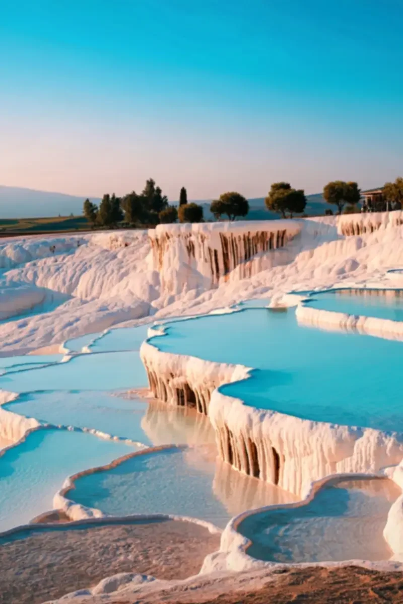Terraced hot springs with blue water and white mineral deposits, against a backdrop of trees and a clear sky.