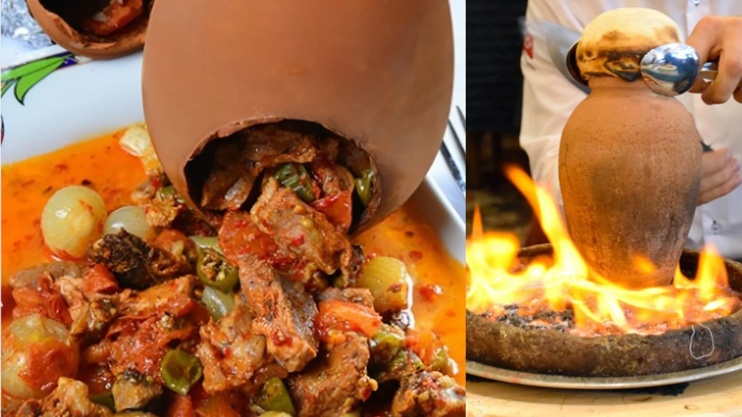 Traditional Turkish testi kebab served in a clay pot, cracked open to reveal tender meat and vegetables.