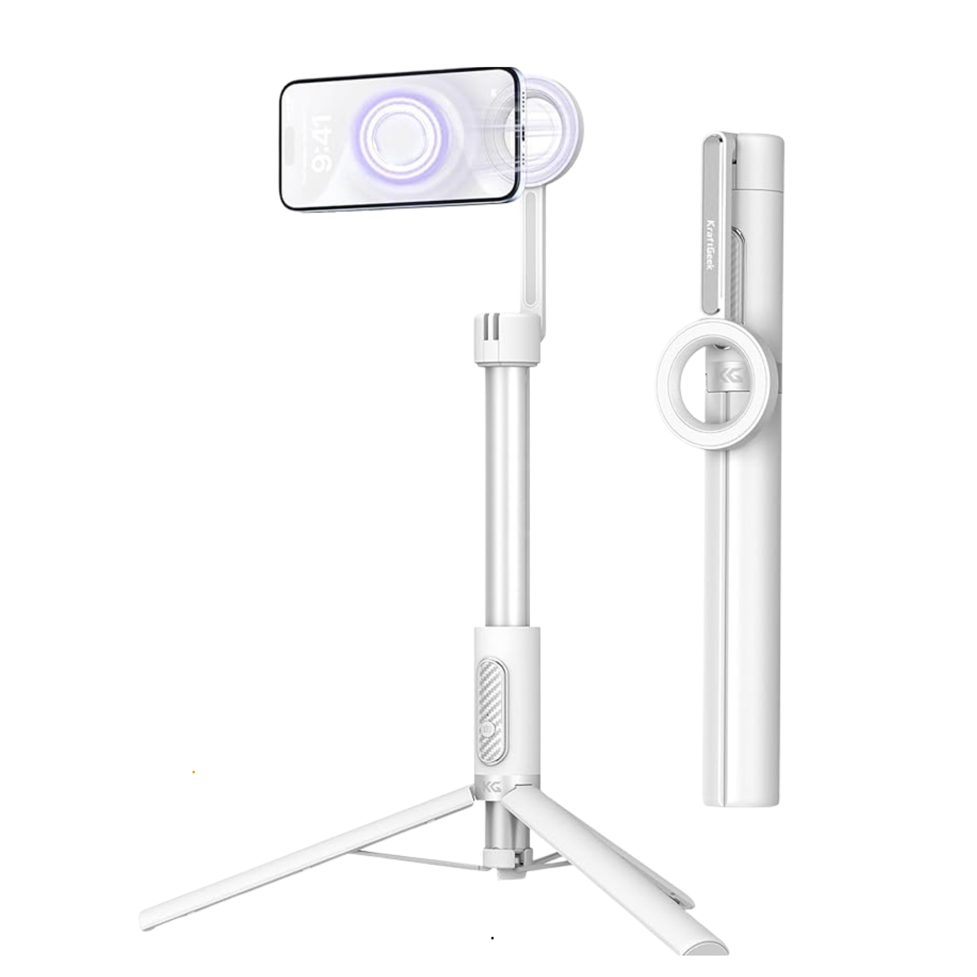 A hoverboard mounted on a white tripod with a smartphone attached and LCD screens, set against a black background.