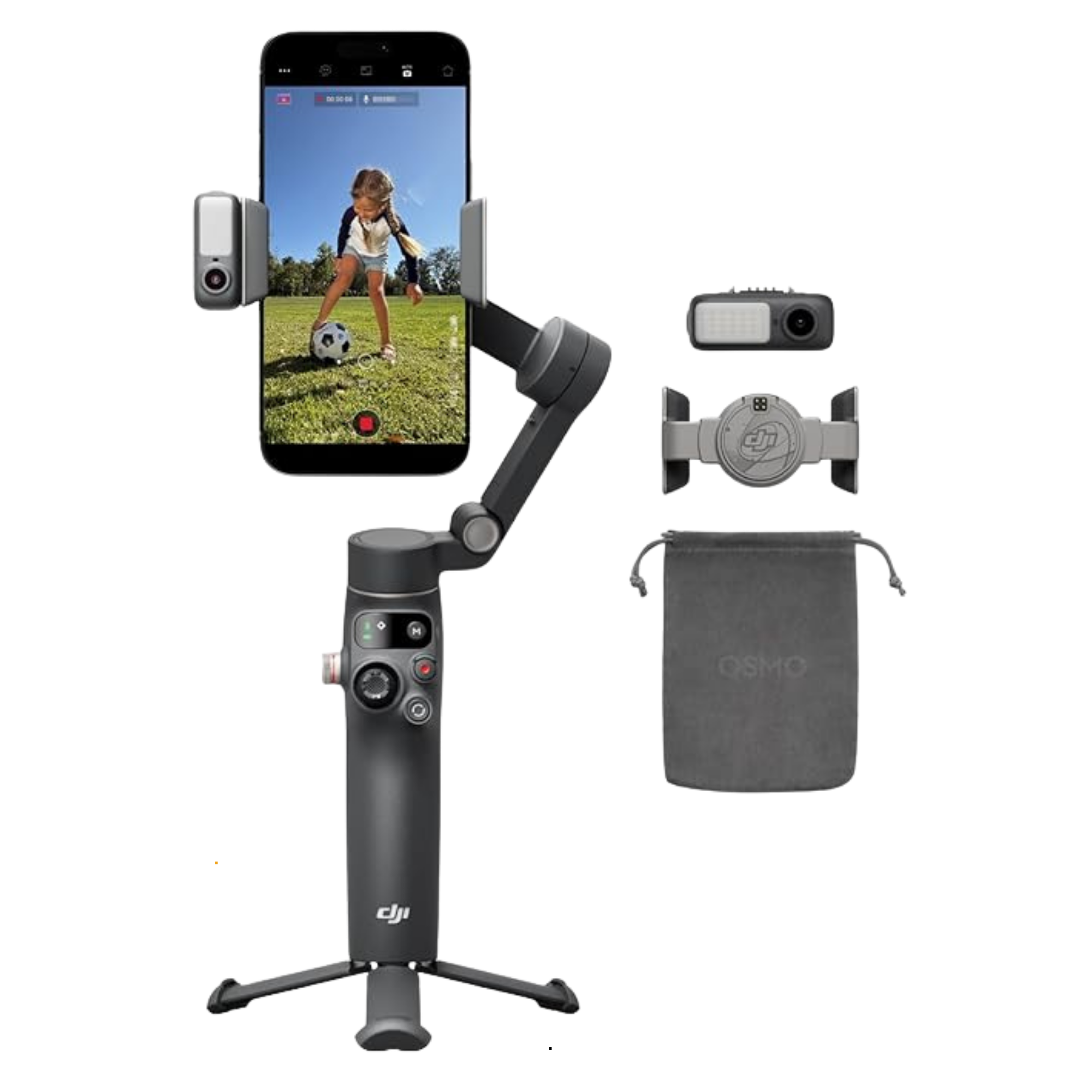 A drone camera stabilizer gimbal with a mounted camera, a smartphone displaying a photo of a girl playing soccer outdoors on a sunny day, and accessory mounts.