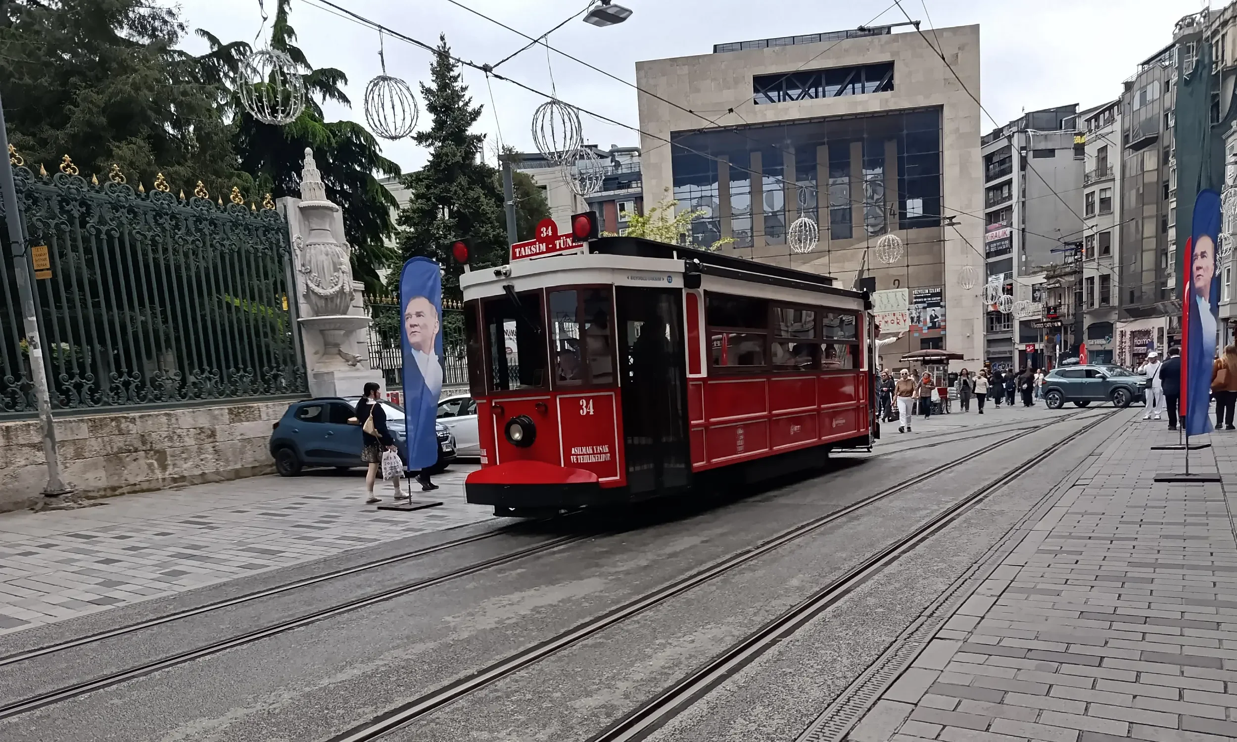 the red train of istiklal street beyoglu neigborhood