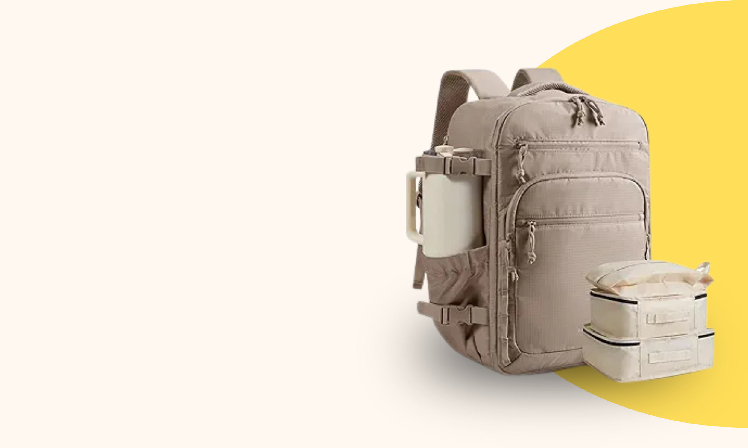 A beige backpack with multiple compartments and zippers, placed on a white luggage with an additional beige suitcase with a booklet on top and a yellow half-circle background.