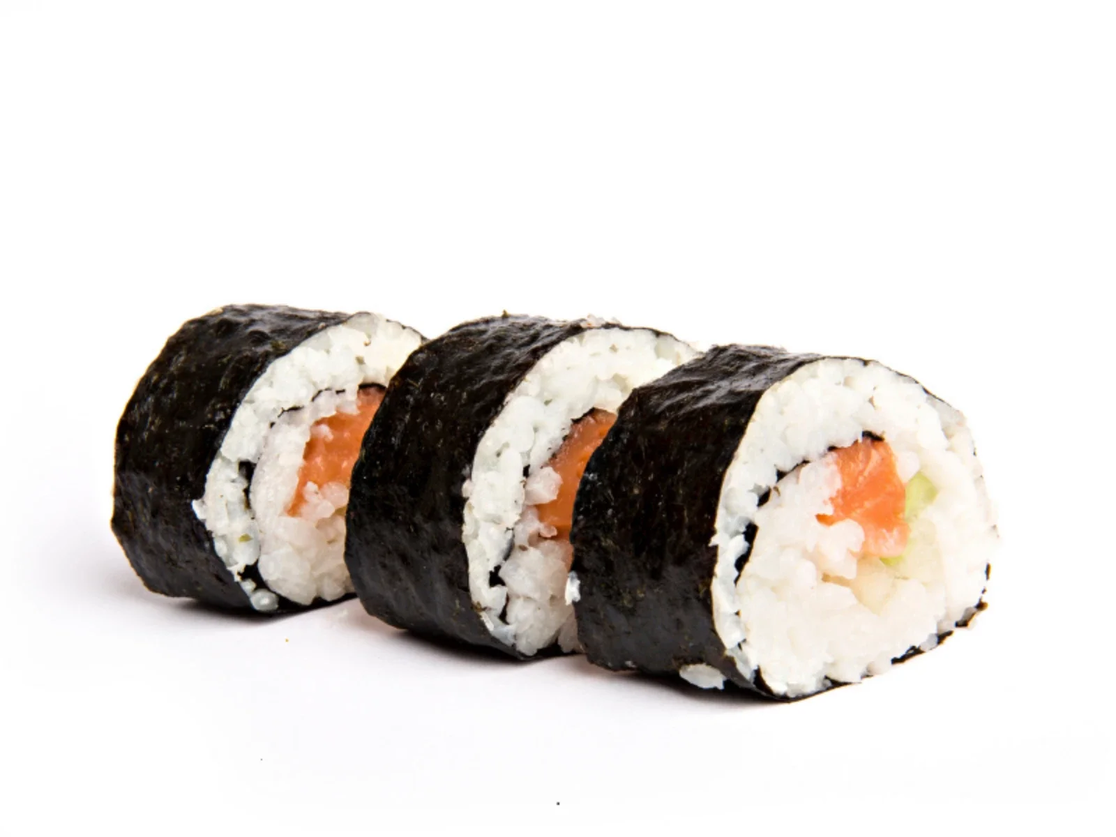 Three sushi rolls filled with rice, salmon, and cucumber, wrapped in nori seaweed, placed on a white background.
