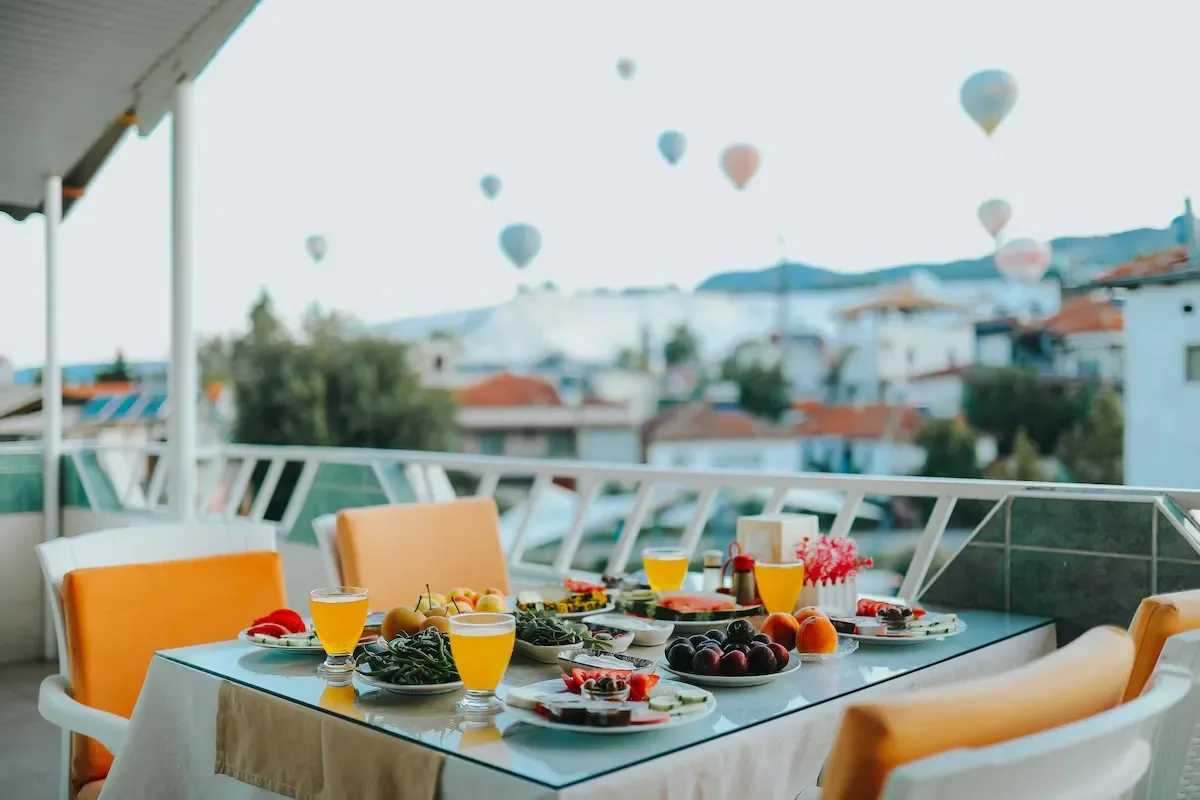 food table with view on balcony in akervansaray hotel and pension in pamukkale